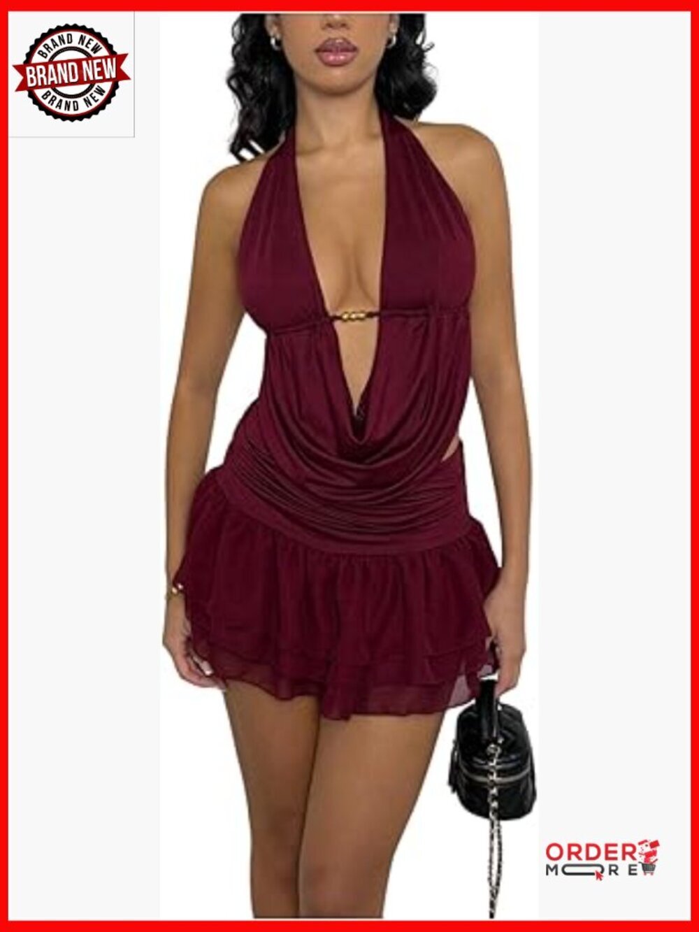 Two Piece Outfits Deep V Neck Halter Top Ruffle Layered Mini Skirt Set Going Out